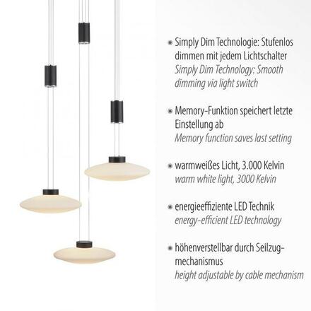 PAUL NEUHAUS LED závěsné svítidlo, 3 ramenné, kruhové, černá, stmívatelné, nastavitelná výška SimplyDim 3000K