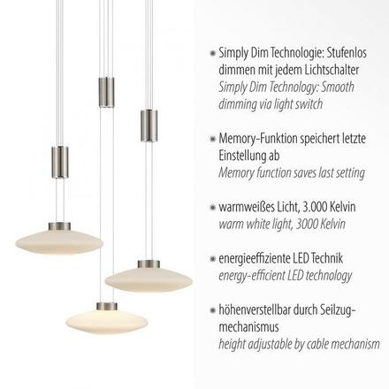 PAUL NEUHAUS LED závěsné svítidlo 3 ramenné, kruhové, stříbrná barva, stmívatelné, nastavitelná výška SimplyDim 3000K