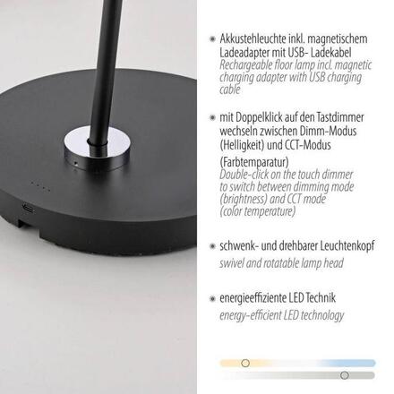 PAUL NEUHAUS LED stojací svítidlo na baterie BENTE, černá, bateriové svítidlo, nabíjecí, stmívatelné, 2700-5000K