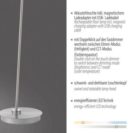PAUL NEUHAUS LED stojací svítidlo na baterie BENTE, ocel, stmívatelné, bateriové svítidlo 2700-5000K