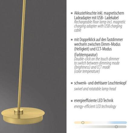 PAUL NEUHAUS LED stojací svítidlo na baterie BENTE, bateriové svítidlo, IP20, nabíjecí, mosaz 2700-5000K