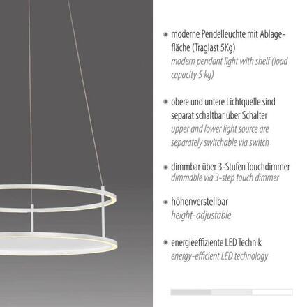 PAUL NEUHAUS LED závěsné svítidlo CONTURA bílá, kruhové, dotykový se stmívačem, nastavitelná výška 3000K