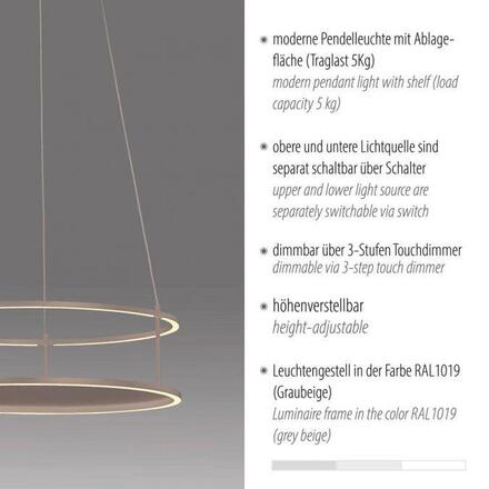 PAUL NEUHAUS LED závěsné svítidlo CONTURA písková barva, kruhové, dotykový se stmívačem, s policí, nastavitelná výška 3000K