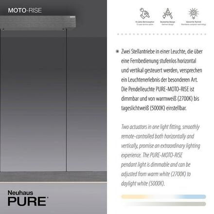 PAUL NEUHAUS LED závěsné svítidlo PURE-MOTO-RISE šedá elektricky nastavitelná výška, dotykový vypínač 2700-5000K PN 2545-15