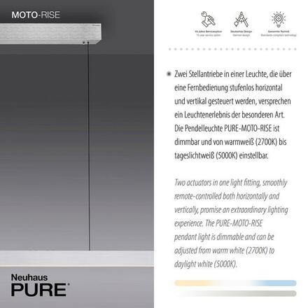 PAUL NEUHAUS LED závěsné svítidlo PURE-MOTO-RISE hliník elektricky nastavitelná výška, dotykový vypínač 2700-5000K PN 2545-95