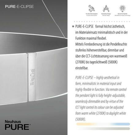 PAUL NEUHAUS LED závěsné svítidlo PURE-E-CLIPSE hliník elektricky nastavitelná výška 2700-5000K PN 2561-95