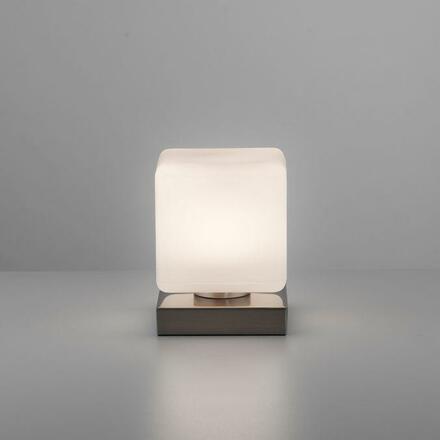 PAUL NEUHAUS LED stolní lampa stříbrná, tvar kostky, dotykový stmívač, nadčasový design 3000K