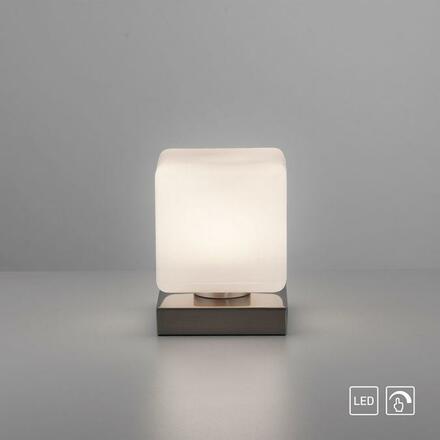 PAUL NEUHAUS LED stolní lampa stříbrná, tvar kostky, dotykový stmívač, nadčasový design 3000K