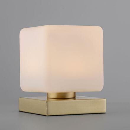 PAUL NEUHAUS LED stolní lampa mosaz, tvar kostky, dotykový stmívač, nadčasový design 3000K
