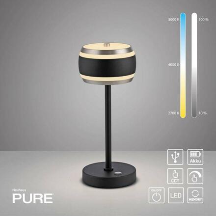 PAUL NEUHAUS LED nabíjecí stolní lampa PURE Falling Rings, černá / metalická šedá , dotykový vypínač 2200-5000K