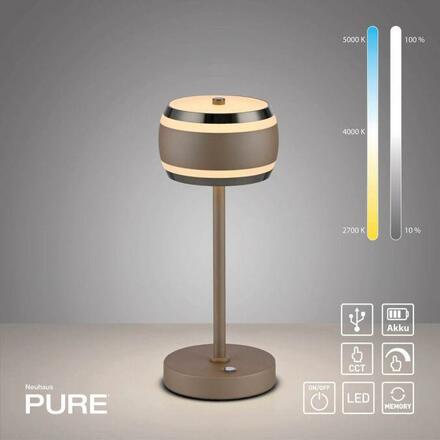 PAUL NEUHAUS LED nabíjecí stolní lampa PURE Falling Rings, bronzová, dotykový stmívač, 2200-5000K
