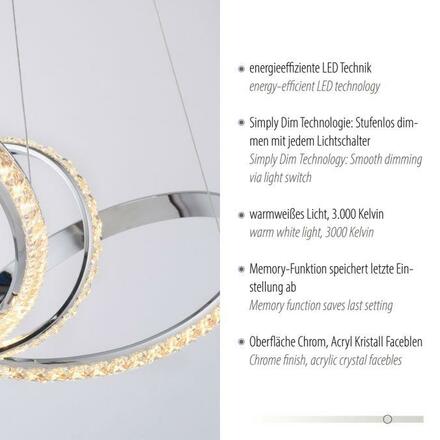 PAUL NEUHAUS LED závěsné svítidlo chrom zakřivené stmívatelné křišťálový design moderní SimplyDim 3000K PN 8222-17