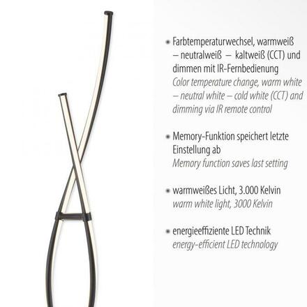 PAUL NEUHAUS LED stojací svítidlo černé zakřivené stmívatelné dálkový ovladač CCT 2700-5000K PN 998-18
