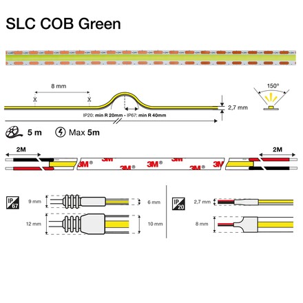SLC LED pásek COB barevný 12W/m 1050lm/m zelená 24V IP67 5m