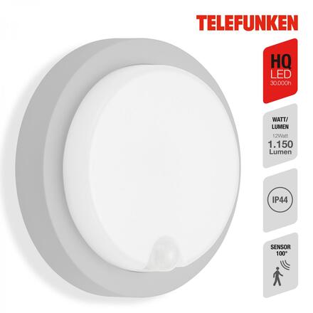 BRILONER TELEFUNKEN LED venkovní nástěnné svítidlo s čidlem, pr. 17 cm, 12 W, stříbrná TF 315304TF