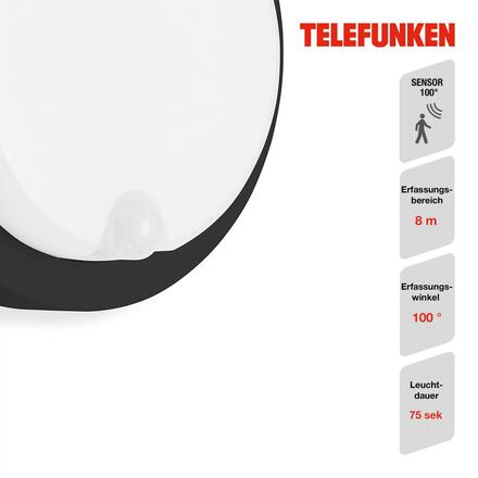 BRILONER TELEFUNKEN LED venkovní nástěnné svítidlo s čidlem, pr. 17 cm, 12 W, černá TF 315305TF
