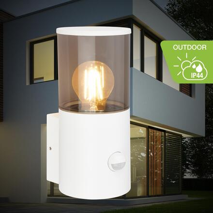 BRILONER TELEFUNKEN venkovní nástěnné svítidlo, pohybové čidlo, ochrana proti stříkající vodě, kouřové sklo, bílé 322306TF