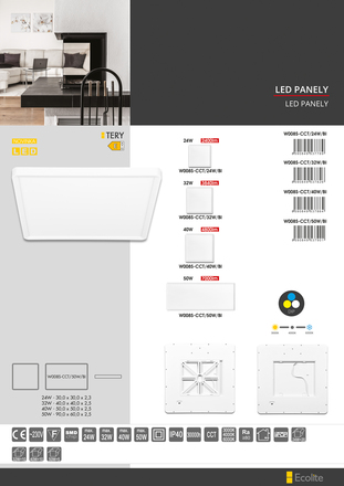 Ecolite LED svítidlo čtverec 24W 30cm CCT 2400lm IP40 bílý lem W008S-CCT/24W/BI