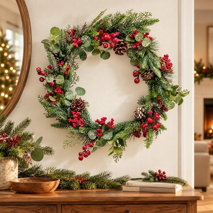 ACA Lighting vánoční adventní věnec bobule a šišky 48cm průměr X094816