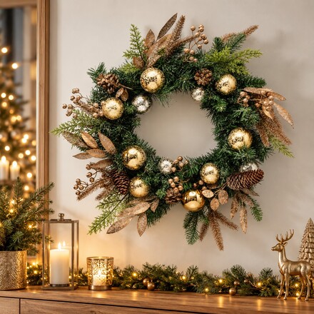 ACA Lighting vánoční adventní věnec bobule a zlaté ornamenty 60cm průměr X096017