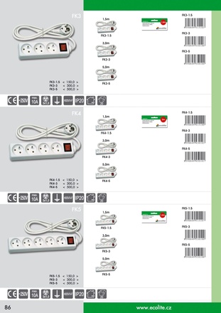 Ecolite Prodl. přívod 5m, 5zásuvek s vypínačem FK5-5