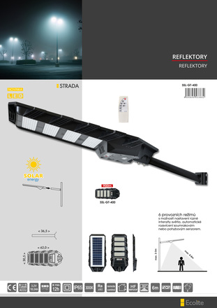 Ecolite Solární AKU veř. osv., 3, 2V/18000mAh, 3000K, IP65 SSL-GT-400