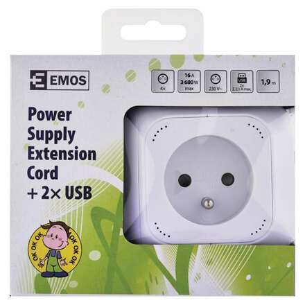 EMOS Rozbočovací kostka s prodl. přívodem – 4 zás. + 2× USB, 1,9m 1902040190