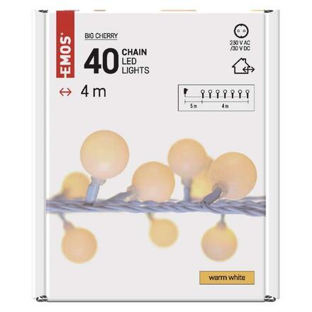 EMOS LED světelný cherry řetěz – kuličky 2,5 cm, 4 m, venkovní i vnitřní, teplá bílá, časovač D5AW01