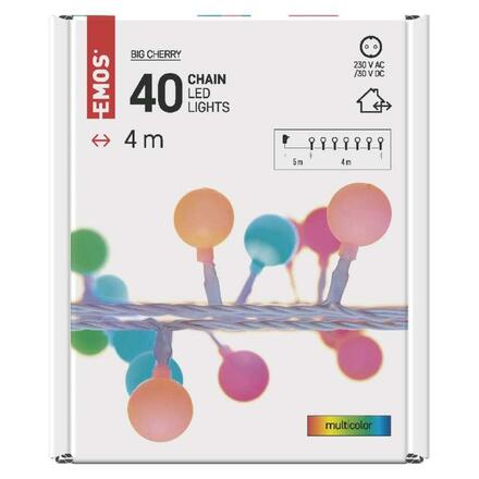 EMOS LED světelný cherry řetěz – kuličky 2,5 cm, 4 m, venkovní i vnitřní, multicolor, časovač D5AM01