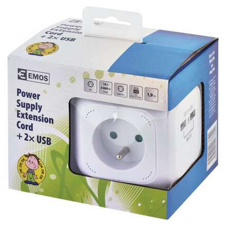 EMOS Rozbočovací kostka s prodl. přívodem – 4 zás. + 2× USB, 1,9m 1902040190