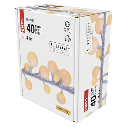 EMOS LED světelný cherry řetěz – kuličky 2,5 cm, 4 m, venkovní i vnitřní, teplá bílá, časovač D5AW01