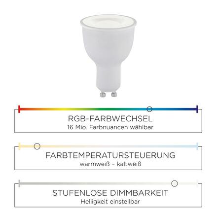 LEUCHTEN DIREKT is JUST LIGHT LED žárovka RGB+W a Smart Home s GU10 MEDION RGB+2700-5000K