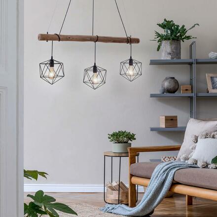 LEUCHTEN DIREKT is JUST LIGHT Závěsné svítidlo moderní dřevo, černá, 3-ramenné, drátěné tělo, E27 patice