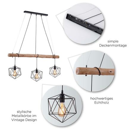 LEUCHTEN DIREKT is JUST LIGHT Závěsné svítidlo moderní dřevo, černá, 3-ramenné, drátěné tělo, E27 patice