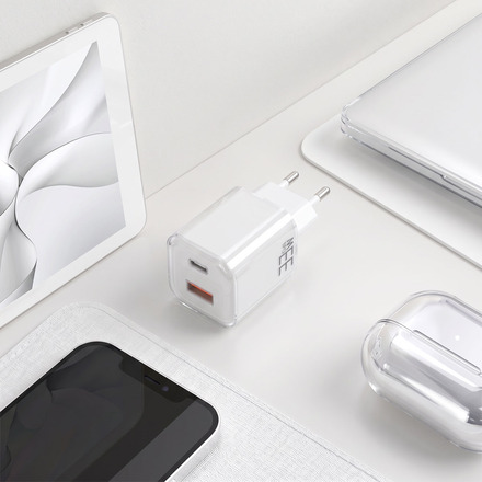 Solight 33W GaN fast charge USB-A + USB-C adaptér, bílý DC75W