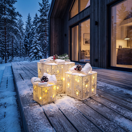 Solight sada 3 LED vánočních dárků, 48x LED, IP44, 230V, bílé provedení 1V304