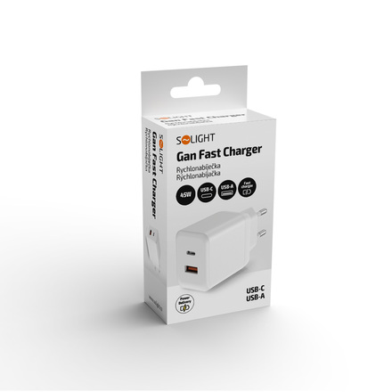Solight 45W GaN fast charge USB-A + USB-C adaptér DC78