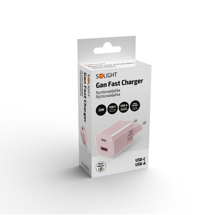 Solight 33W GaN fast charge USB-A + USB-C adaptér, růžový DC75P