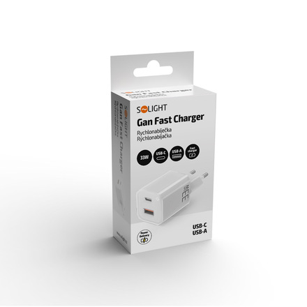 Solight 33W GaN fast charge USB-A + USB-C adaptér, bílý DC75W