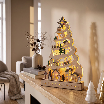 Solight LED dřevěný vánoční stromek s dekoracemi, 17x LED, bílá, 45cm, 2x AA 1V305