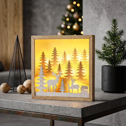 Solight LED 3D dřevěná vánoční dekorace v rámu, 12x LED, 25cm, 2x AA 1V306