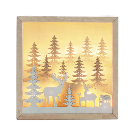 Solight LED 3D dřevěná vánoční dekorace v rámu, 12x LED, 25cm, 2x AA 1V306