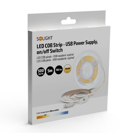 Solight LED COB pásek, 5m, 7W/m, 500lm/m, teplá bílá, USB napájení, vypínač, 8mm WM62-WW