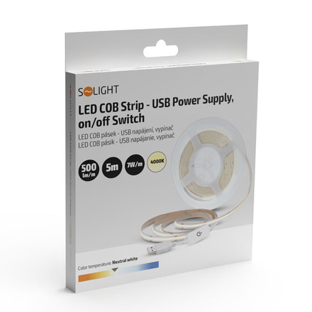 Solight LED COB pásek, 5m, 7W/m, 500lm/m, neutrální bílá, USB napájení, vypínač, 8mm WM62-NW