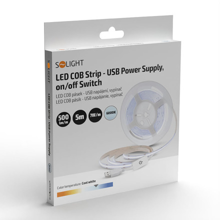 Solight LED COB pásek, 5m, 7W/m, 500lm/m, studená bílá, USB napájení, vypínač, 8mm WM62-CW