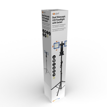 Solight duální teleskopický přenosný LED reflektor se zásuvkou, 2x30W, 5400lm, 4000K, 62-152cm, IP54 WM-60W-FVP