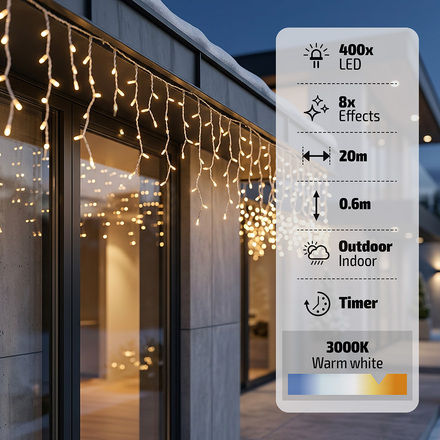 Solight LED vánoční girlanda, rampouchy, 400 LED, 20m, IP44, teplé bílé světlo 1v404-WW