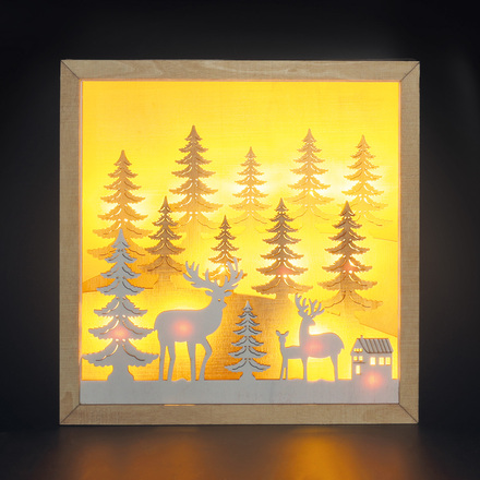 Solight LED 3D dřevěná vánoční dekorace v rámu, 12x LED, 25cm, 2x AA 1V306