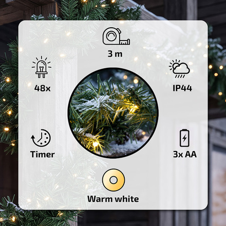 Solight LED vánoční girlanda s jehličím, 3m, 48x LED, časovač, 3xAA, IP44 1V300